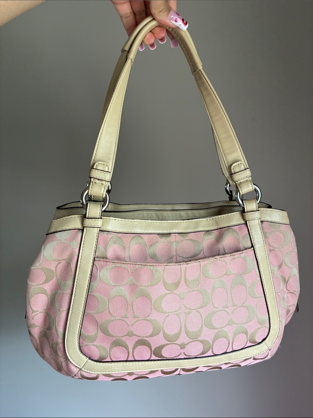 Coach Pink Signature Canvas Shoulder Bag with Beige Trim and Charm - Picture 2 of 12
